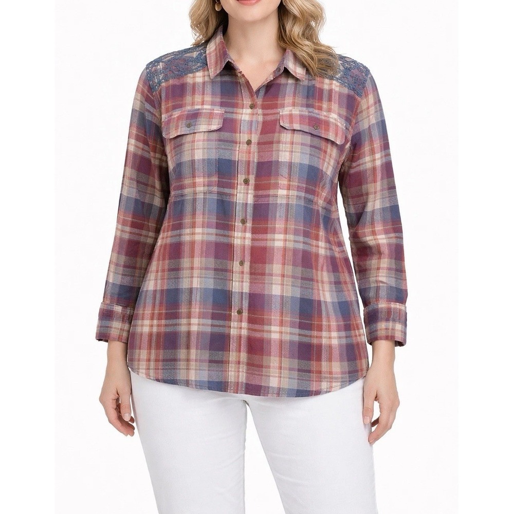 Chaps Womens Blouse‎ Plaid Flannel Shirt Top with Embroidered Detail Size PXL